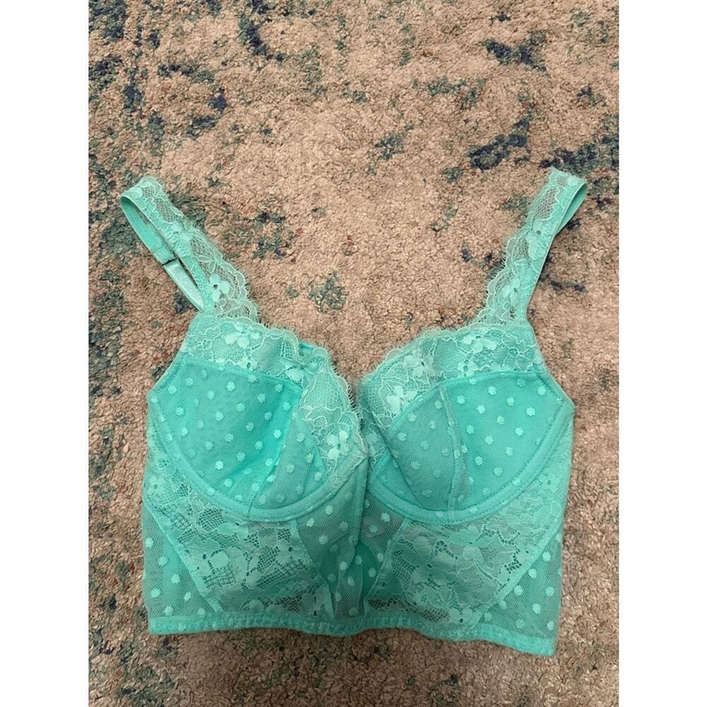 Victoria's Secret Dream Angels turquoise polka dot lace corset bra
